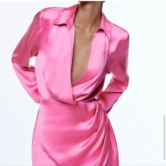 Zara Satin Mini Dress Bishop Sleeve Tulip Hem Hot Pink Large - Picture 5 of 13